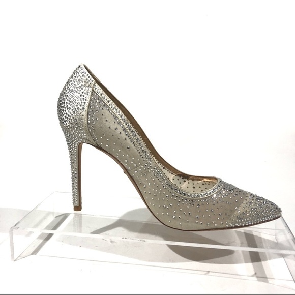 Badgley Mischka Collection Weslee Satin Pointy Toe Rhinestone Pump Heels Ivory - Picture 8 of 12